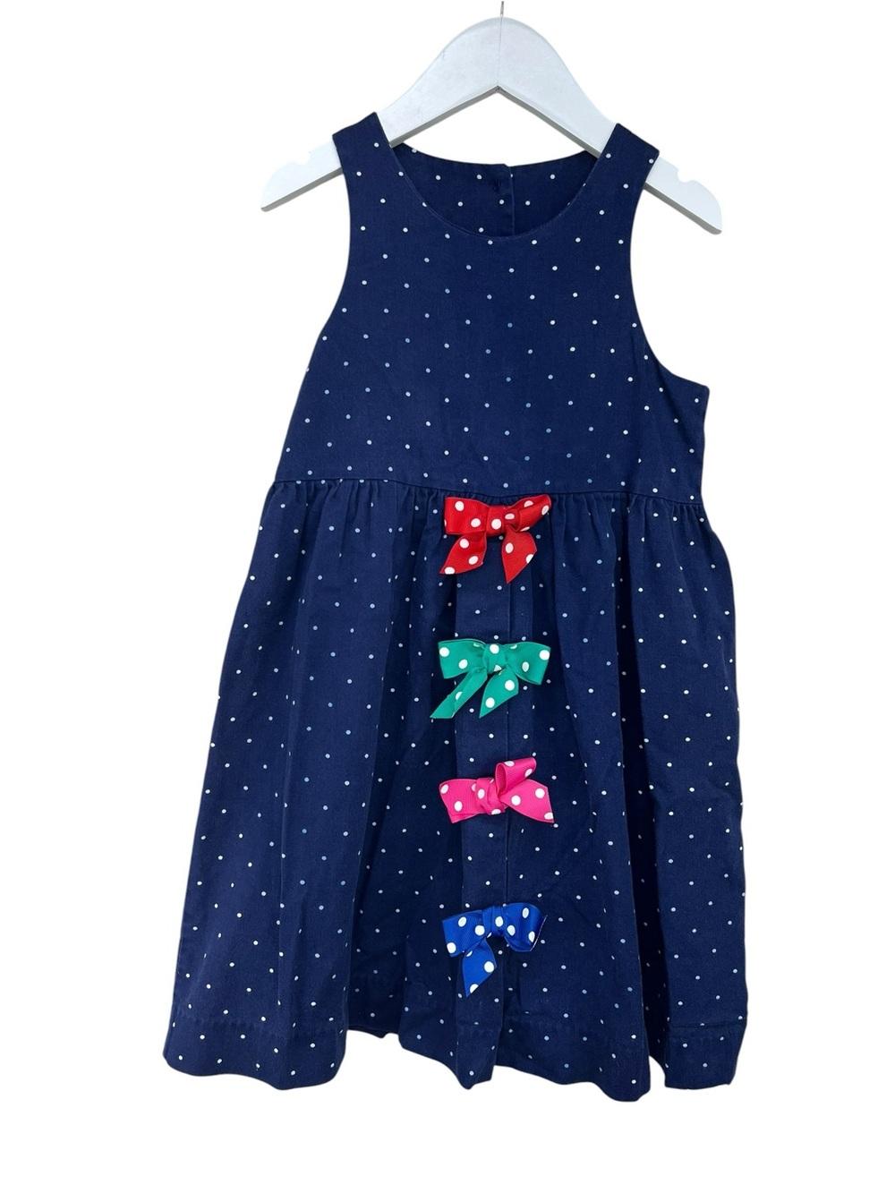 Vintage 90s Hartstrings Navy Polka Dot Jumper Dress with accent bows Girls 5